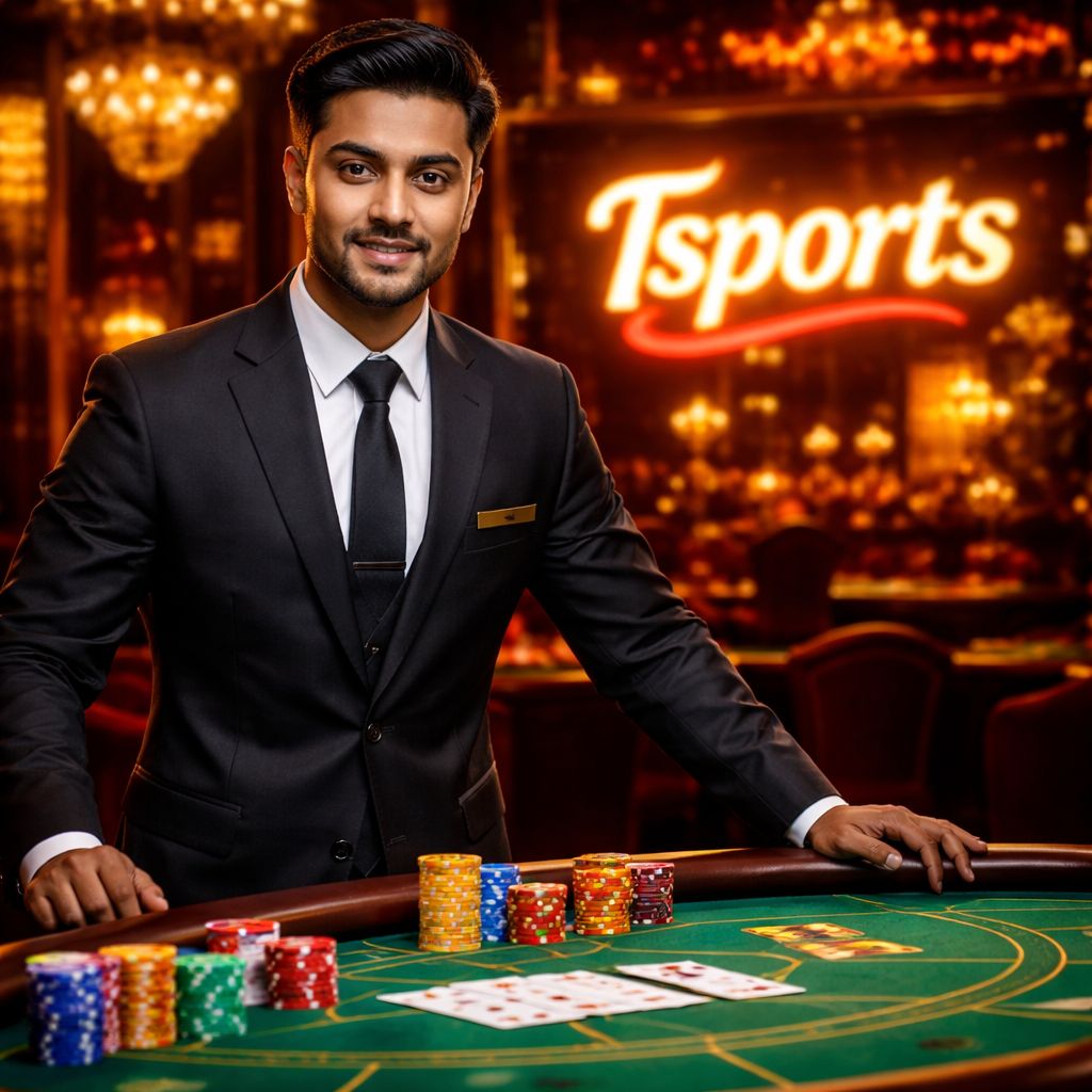 Confident Bangladeshi casino host presenting a vibrant gaming table with glowing chips symbolizing trust and pulse-racing entertainment at Tsports club
