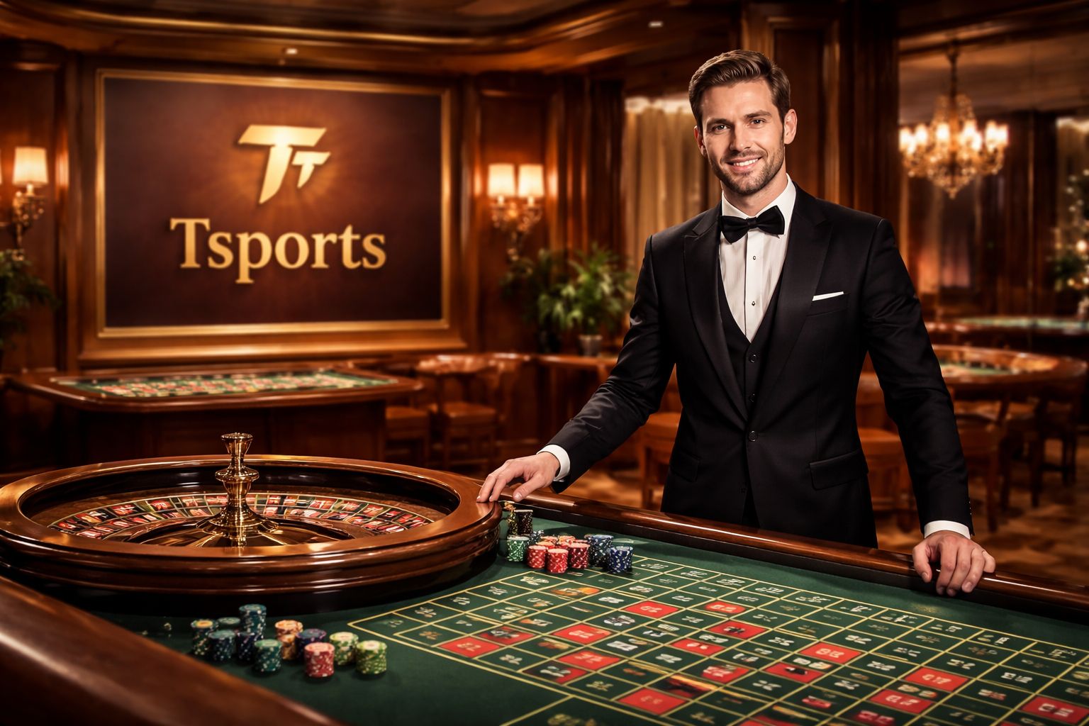 Professional live studio presenter in formal attire welcoming players at a roulette table showcasing the premier Tsports gaming environment in Bangladesh