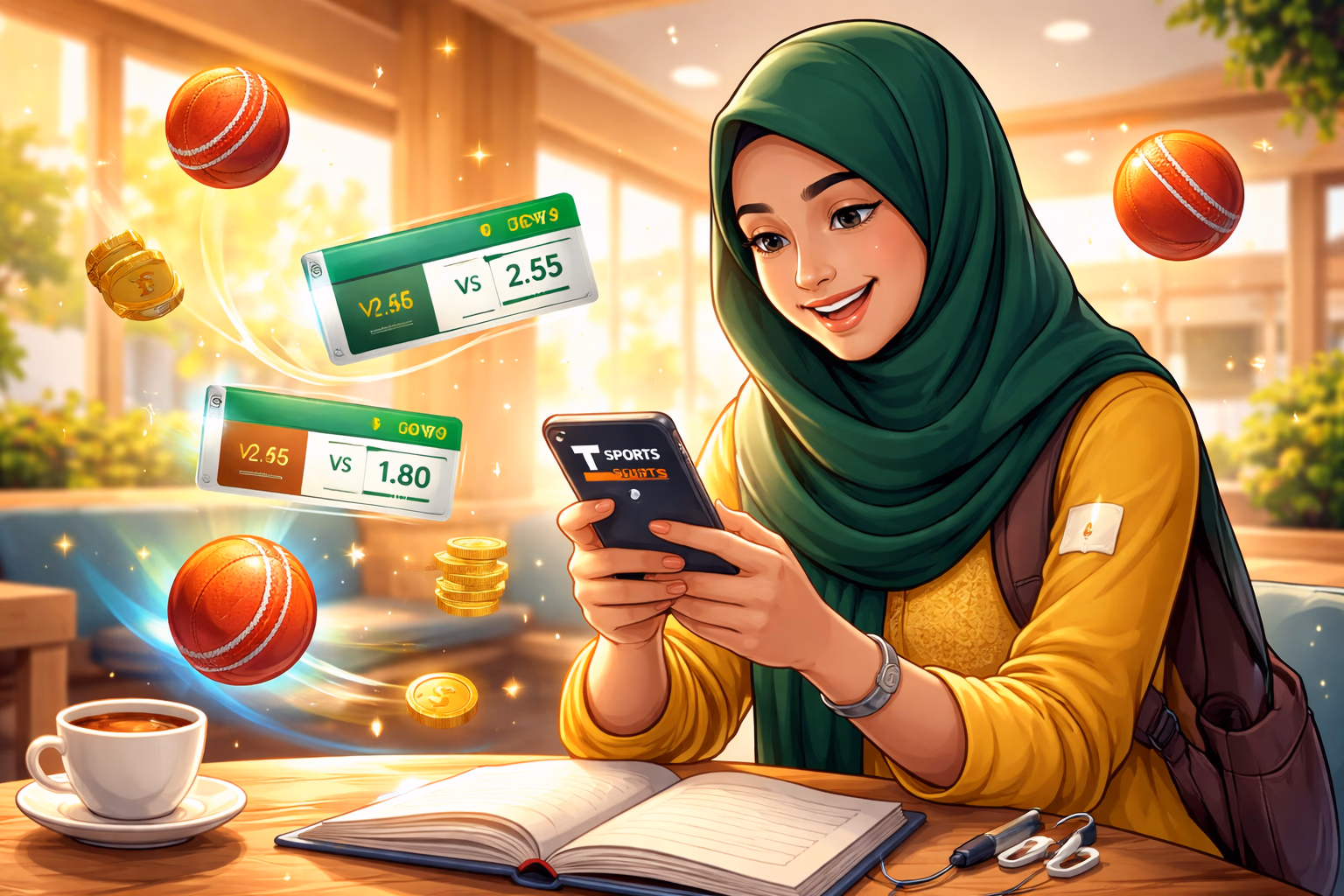 Cheerful Bangladeshi student using the Tsports app on her phone with floating cricket icons and betting slips