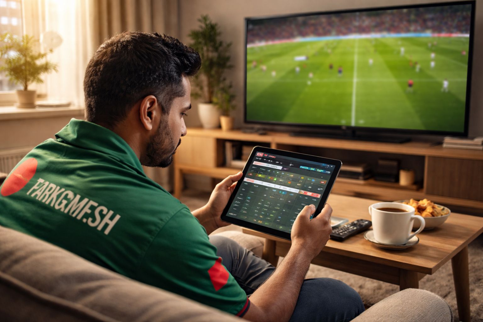 Bangladeshi sports enthusiast reviewing live match statistics and placing bets on Tsports using a tablet in a modern living room