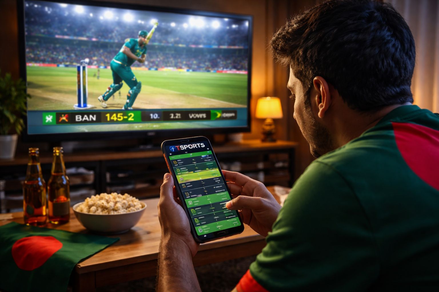 Passionate Bangladeshi punter monitoring a live cricket broadcast while adjusting in-play wagers on a mobile device via Tsports