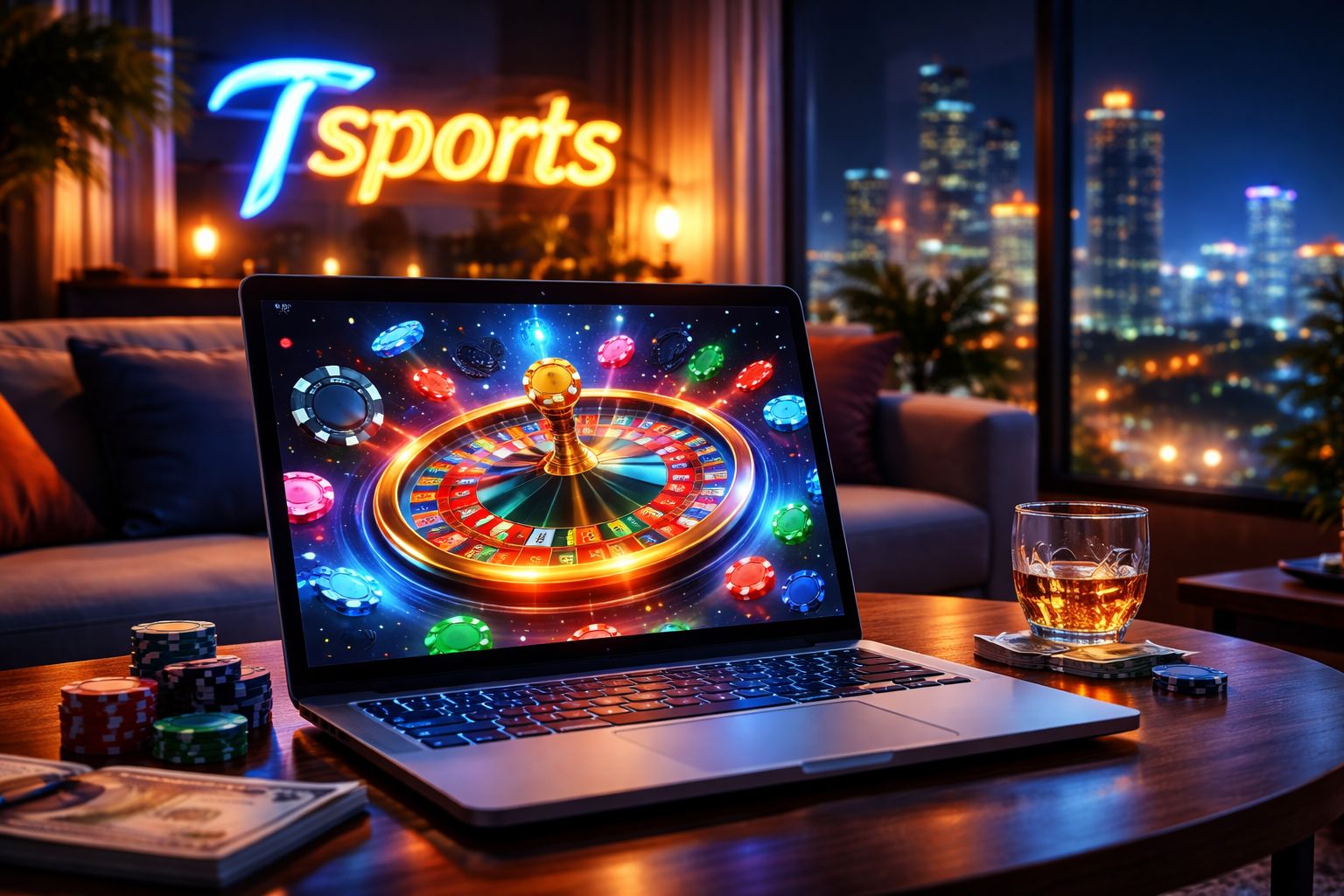 Vibrant animated roulette wheel projected from a laptop with drifting chips symbolising the exciting virtual casino floor at Tsports for Bangladesh players