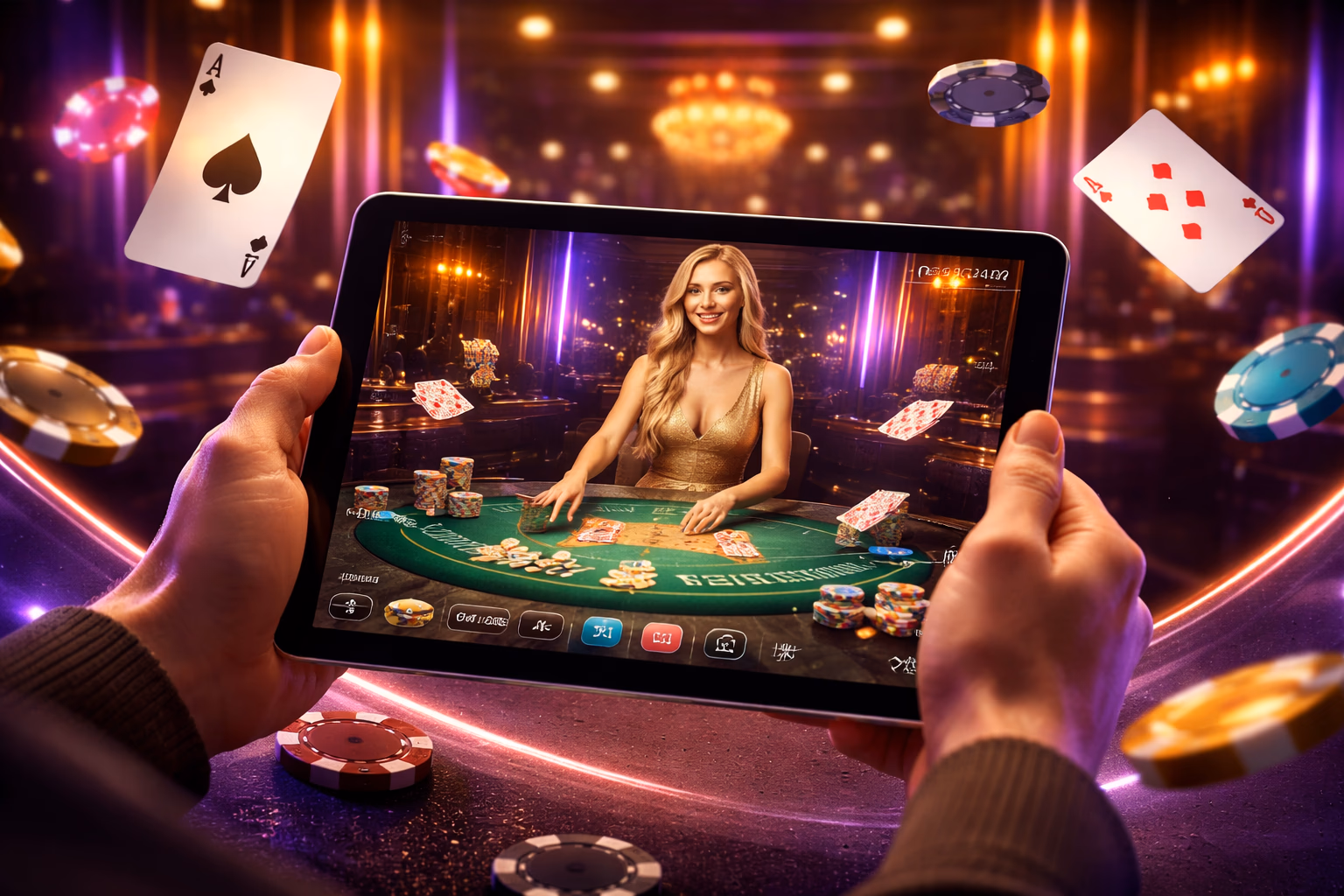 Focused casino player using a laptop in a neon-lit room enjoying the immersive Tsports virtual gaming journey for Bangladesh
