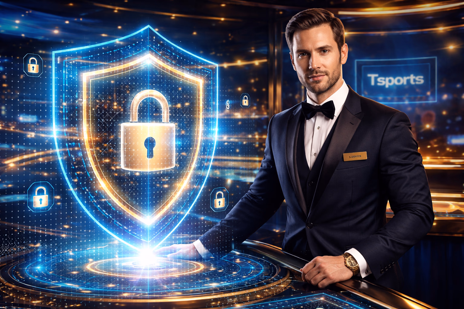 Smiling casino attendant beside a holographic security shield representing Tsports encrypted login for Bangladesh players