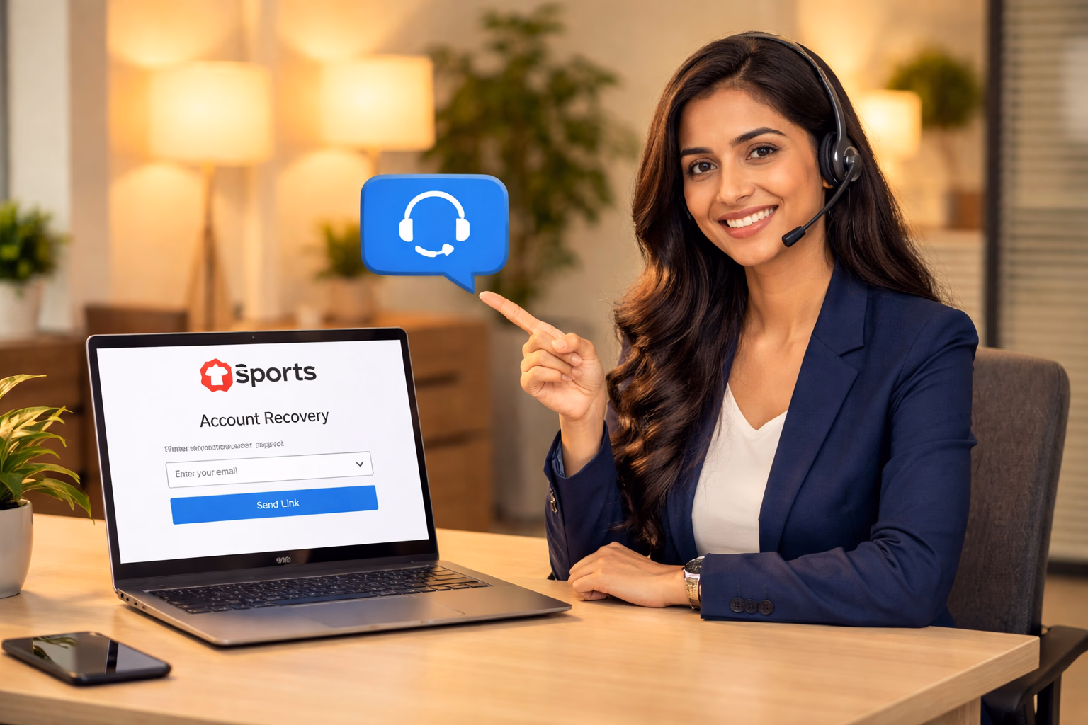 Helpful Bengali service representative pointing to a floating support icon beside the Tsports account recovery window
