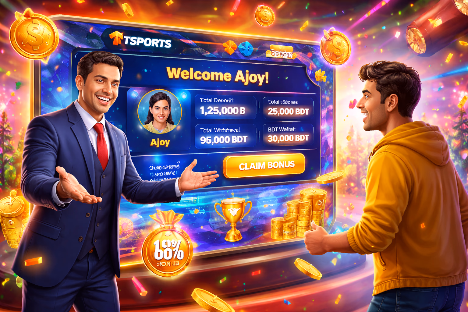 Welcoming Bengali host guiding a player into the Tsports member dashboard filled with glowing bonus icons and trophies